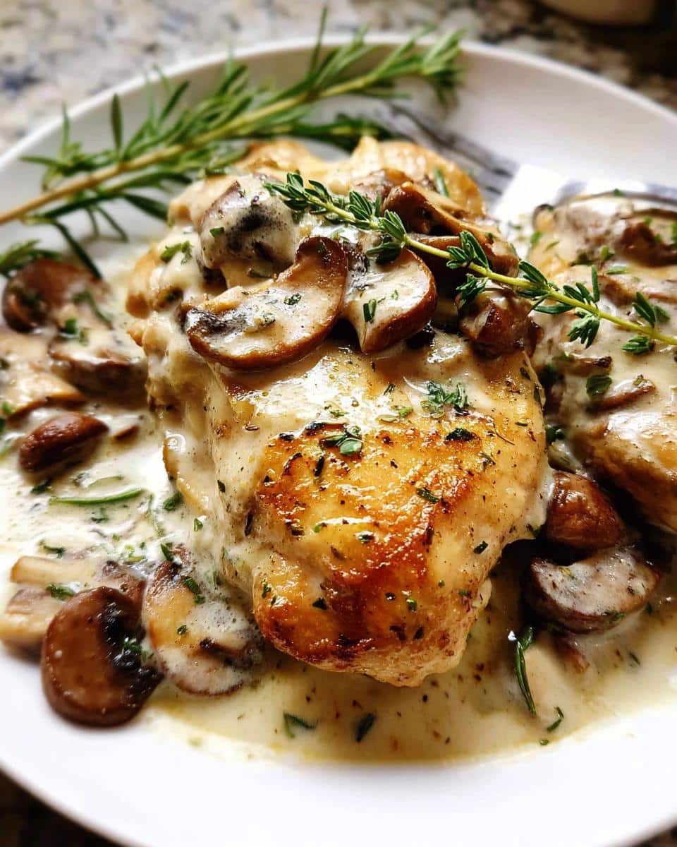 A close-up of pan-seared Creamy Garlic Chicken with Mushrooms and Herbs, topped with fresh thyme.