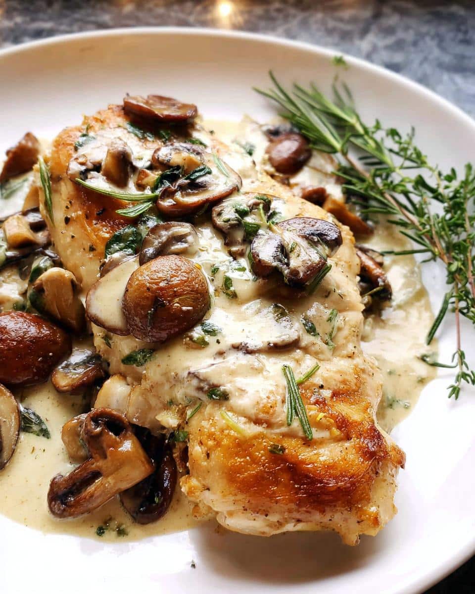 Close-up of seared chicken breast smothered in creamy garlic sauce, sautéed mushrooms, and fresh herbs.