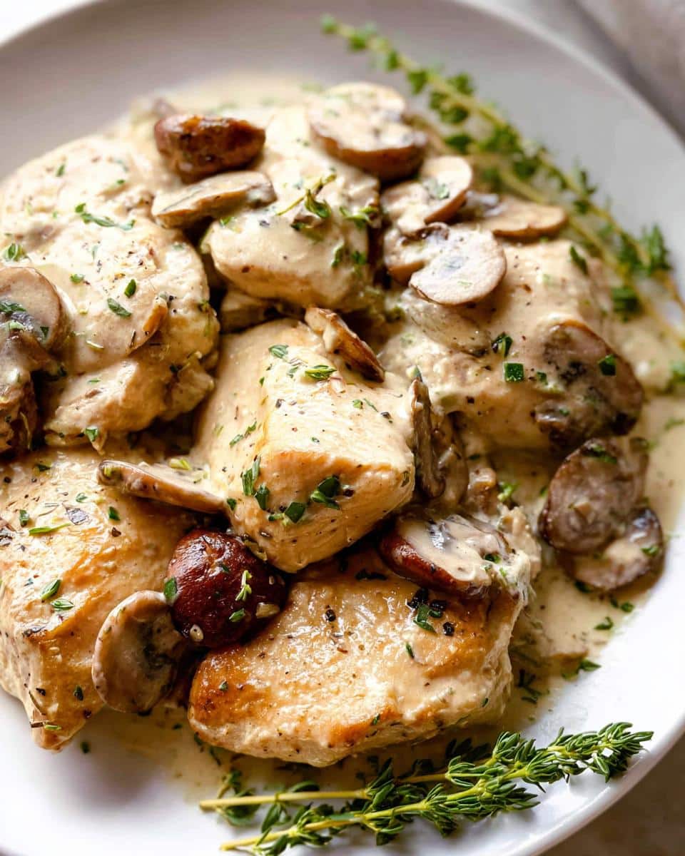 Close-up of seared chicken breasts smothered in a creamy garlic sauce with sliced mushrooms and fresh thyme.