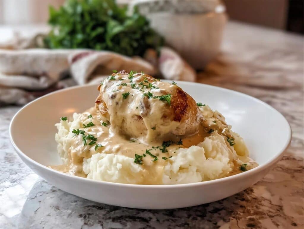 A perfectly cooked chicken breast smothered in creamy garlic sauce, served atop fluffy mashed potatoes.