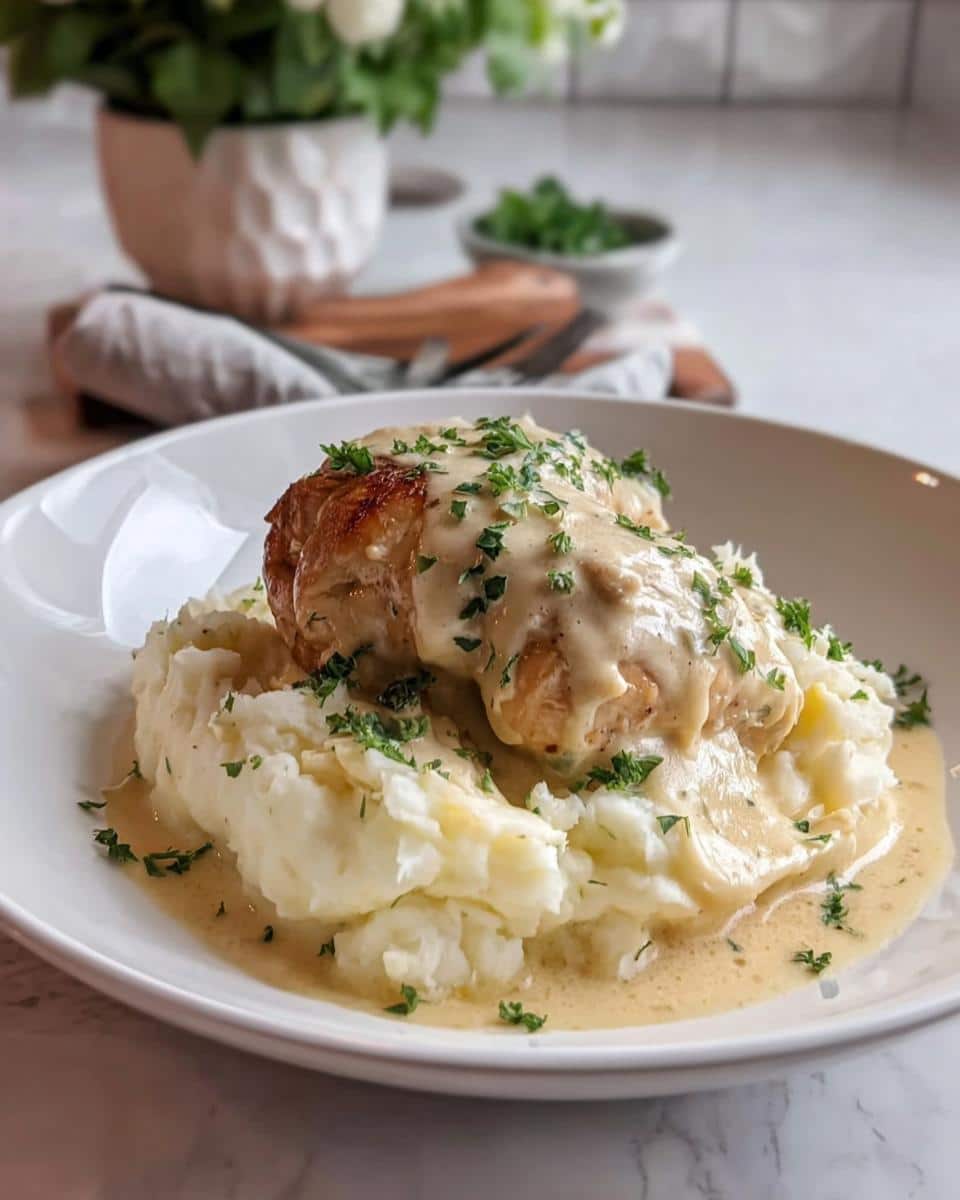 A serving of Creamy Garlic Chicken Over Mashed Potatoes topped with a rich sauce and fresh parsley.
