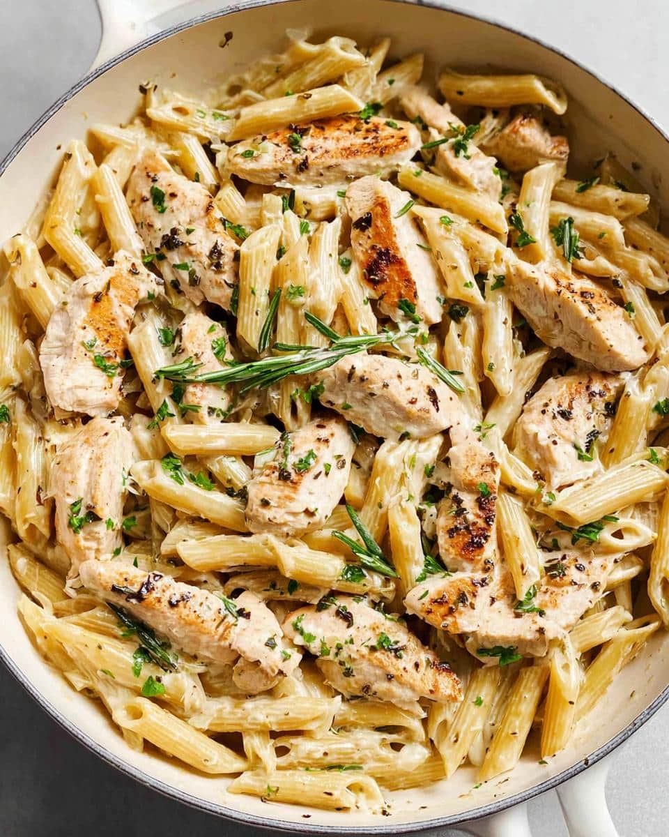 Close-up of creamy garlic chicken pasta-style skillet featuring penne pasta, sliced chicken, and fresh herbs.