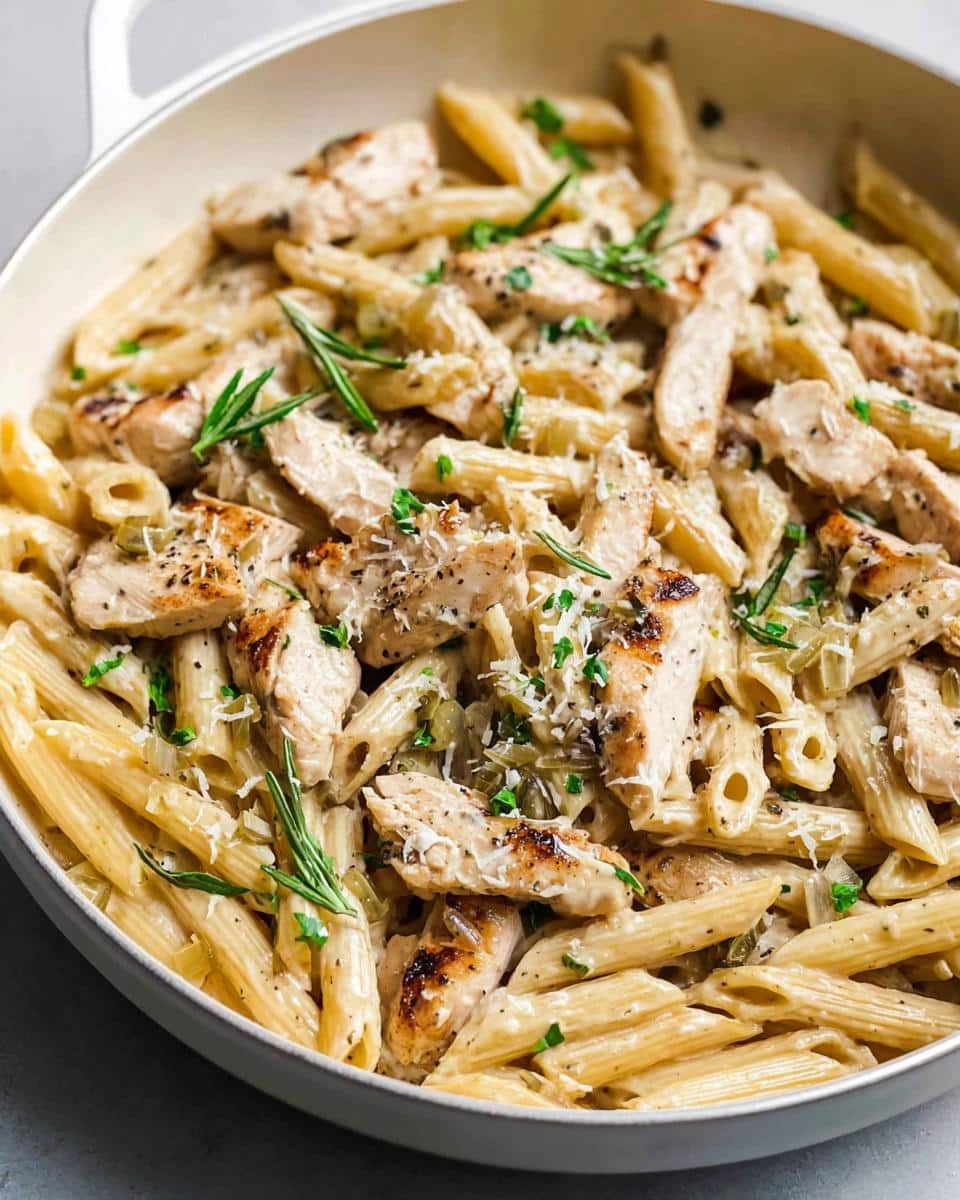Close-up of Creamy Garlic Chicken Pasta-Style Skillet featuring penne pasta, sliced grilled chicken, and rosemary in a white skillet.