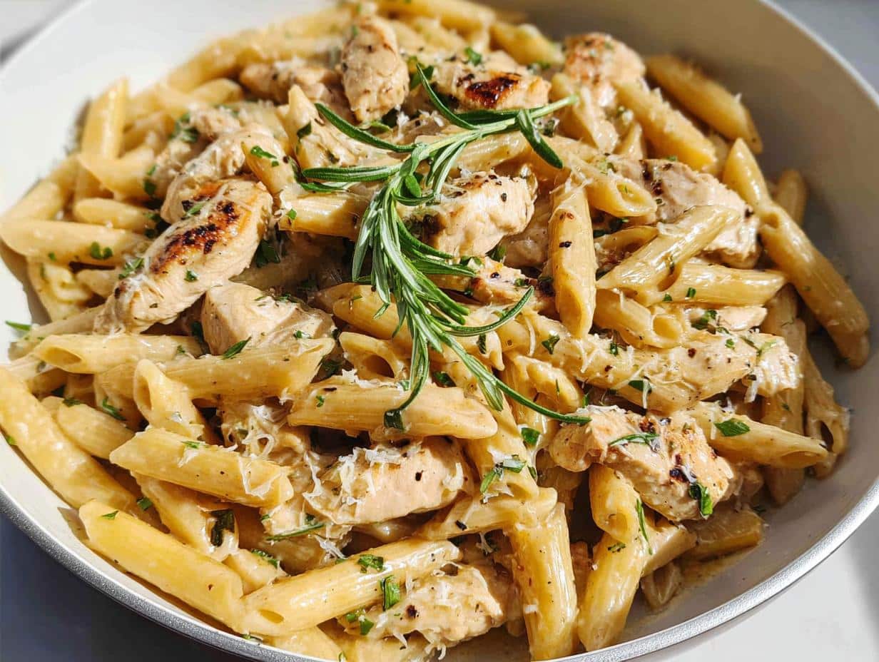 Close-up of creamy garlic chicken pasta-style skillet with penne, chicken pieces, and rosemary garnish.
