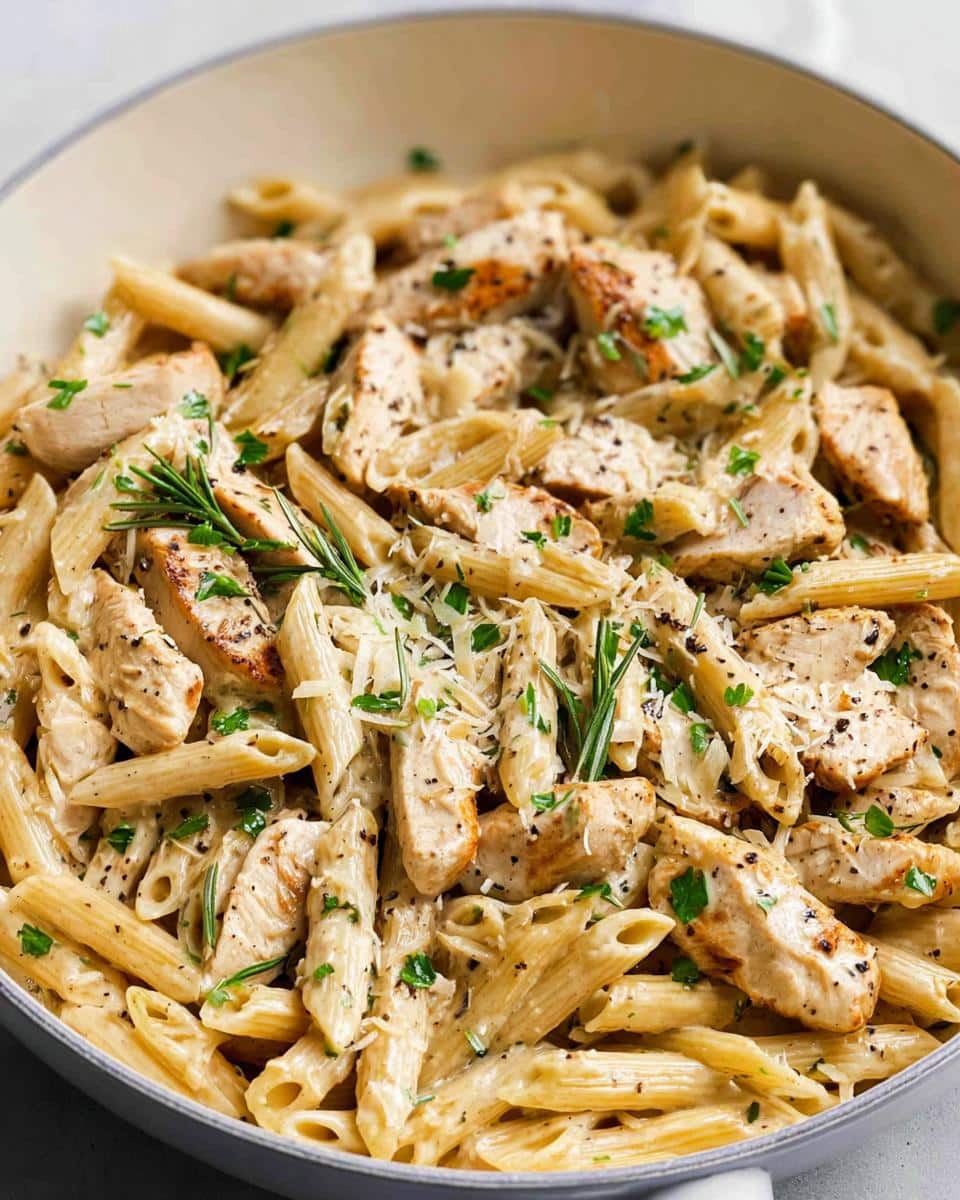 Close-up of Creamy Garlic Chicken Pasta-Style Skillet featuring penne pasta, sliced chicken, and herbs.