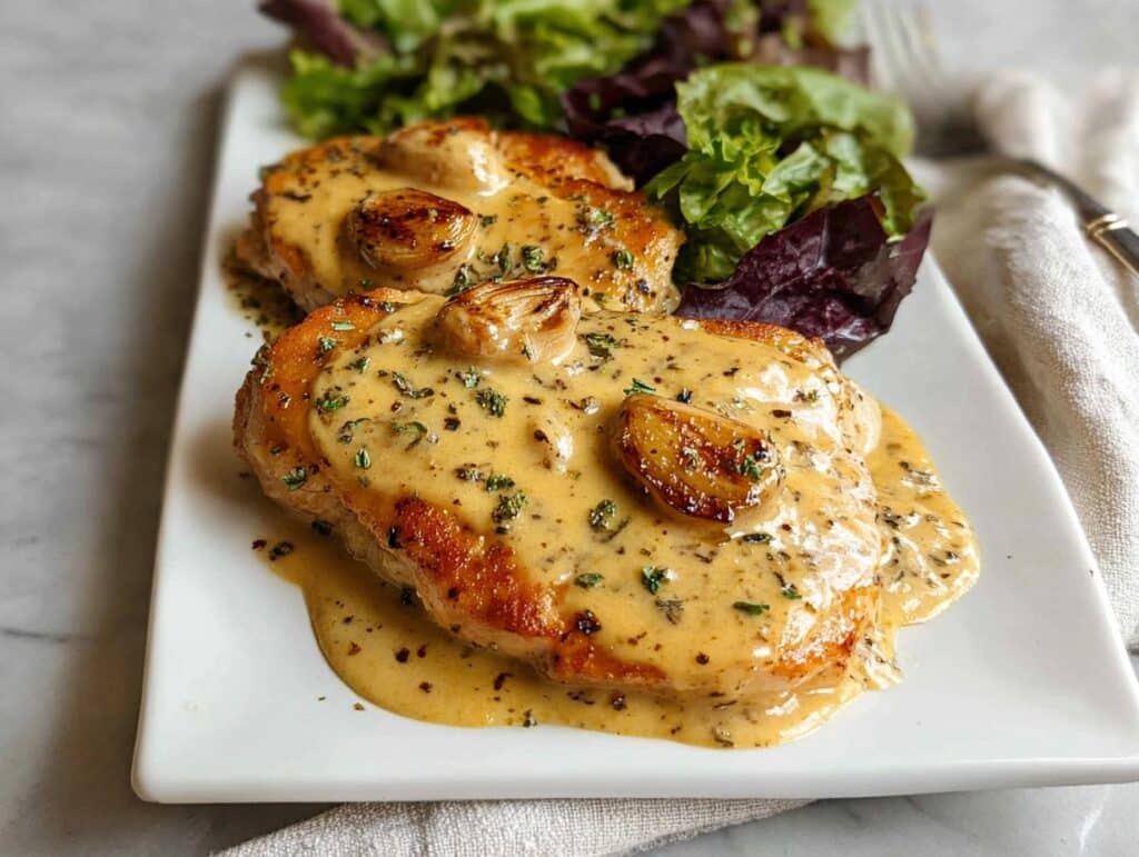 Two servings of Creamy Garlic Chicken with Roasted Garlic Cloves, smothered in a rich sauce and served with a side salad.