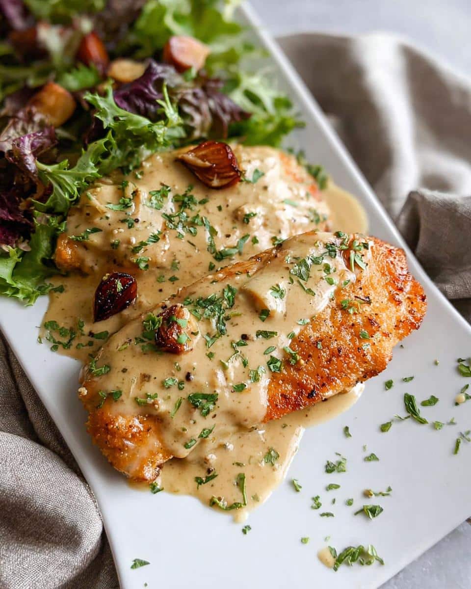 Two golden-brown chicken breasts covered in creamy garlic sauce, topped with roasted garlic cloves and parsley, served with a side salad.