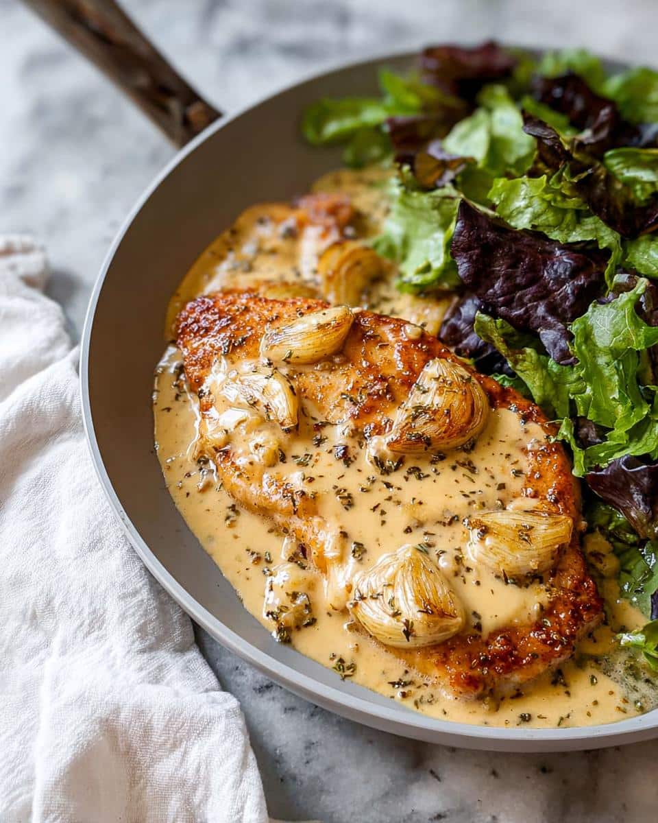 Two golden-brown chicken breasts covered in creamy garlic sauce and topped with roasted garlic cloves, served with a side salad.
