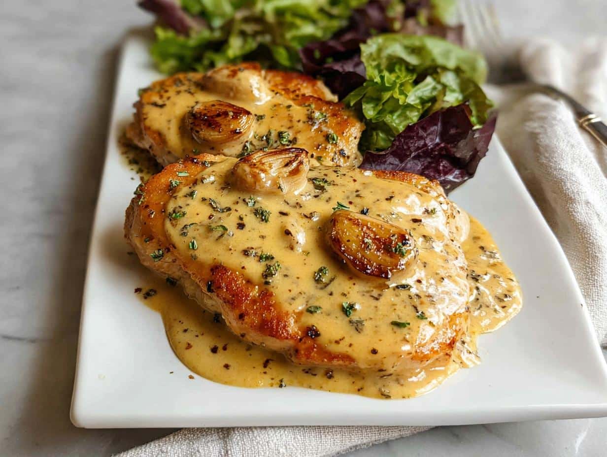 Two servings of Creamy Garlic Chicken with Roasted Garlic Cloves, smothered in a rich sauce and served with a side salad.