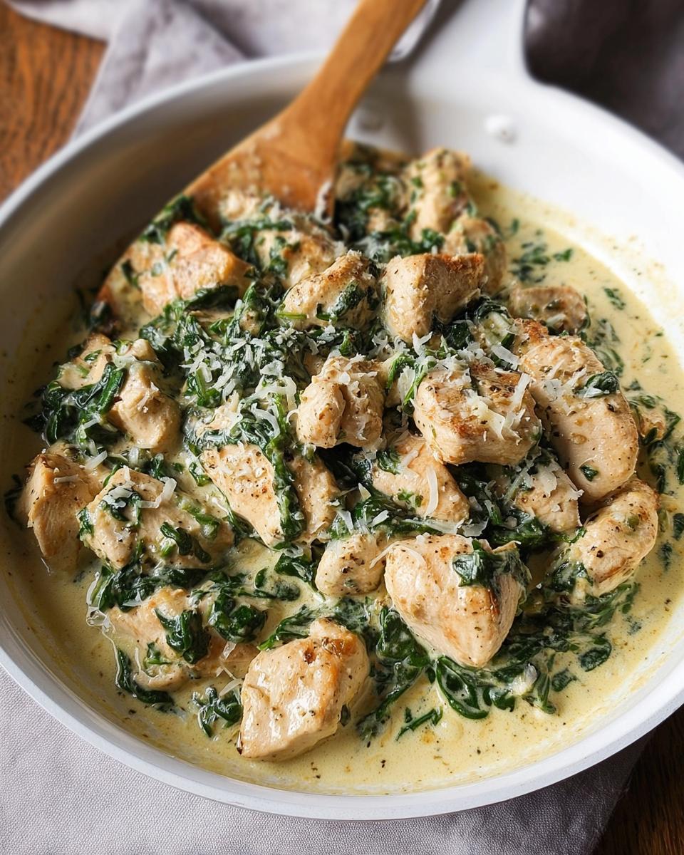 Close-up of bite-sized pieces of Creamy Garlic Chicken with Spinach and Parmesan sauce in a white skillet.