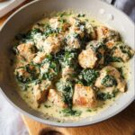Close-up of bite-sized pieces of Creamy Garlic Chicken with Spinach and Parmesan sauce in a skillet.