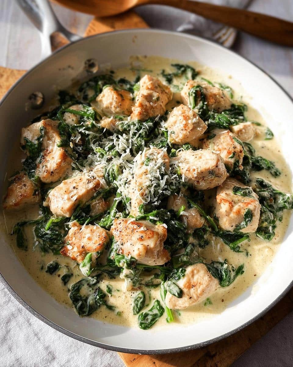 Close-up of pan-seared chicken pieces served in a rich, creamy garlic sauce with wilted spinach and topped with grated Parmesan cheese.