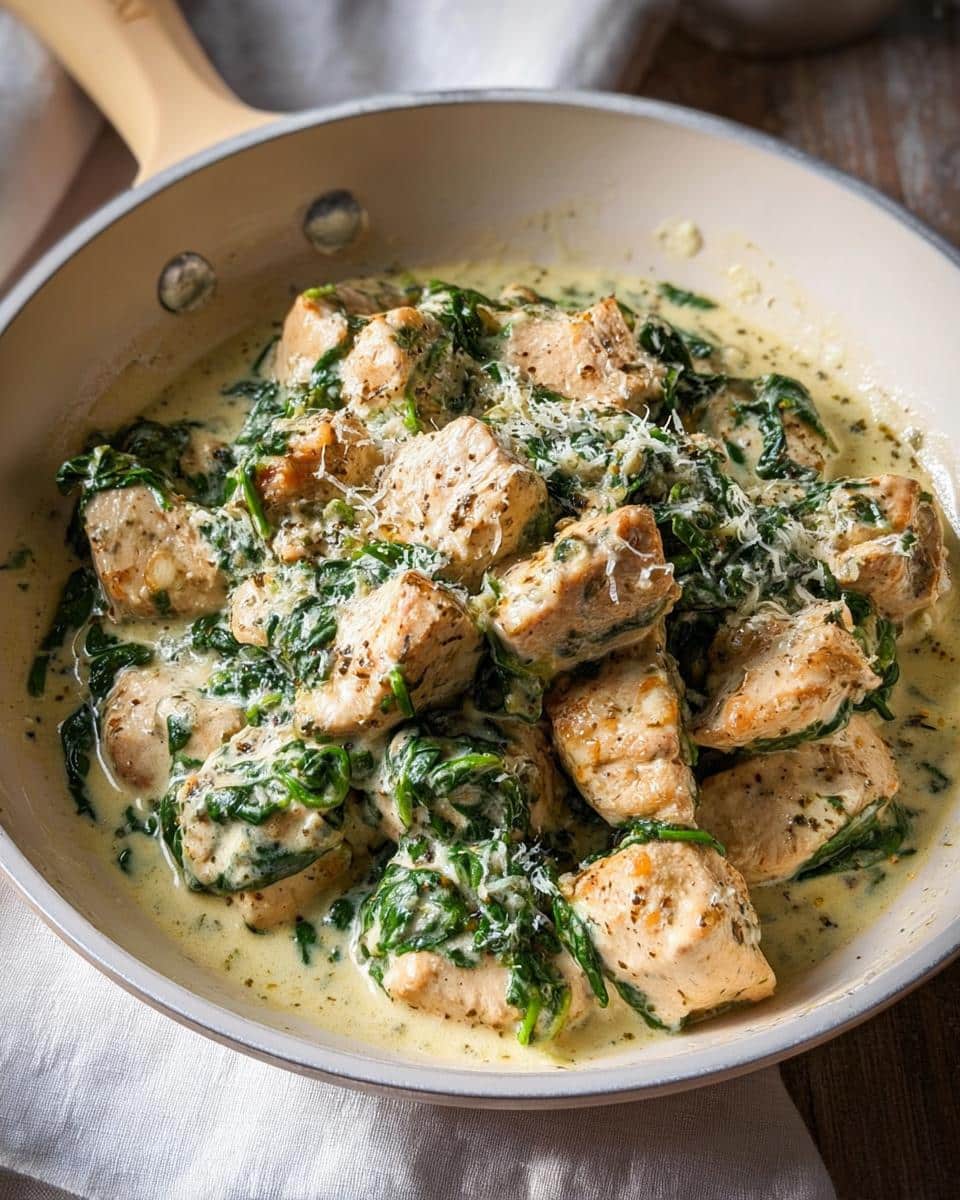Close-up of pan-seared chicken pieces mixed with wilted spinach in a creamy garlic sauce, topped with grated Parmesan.