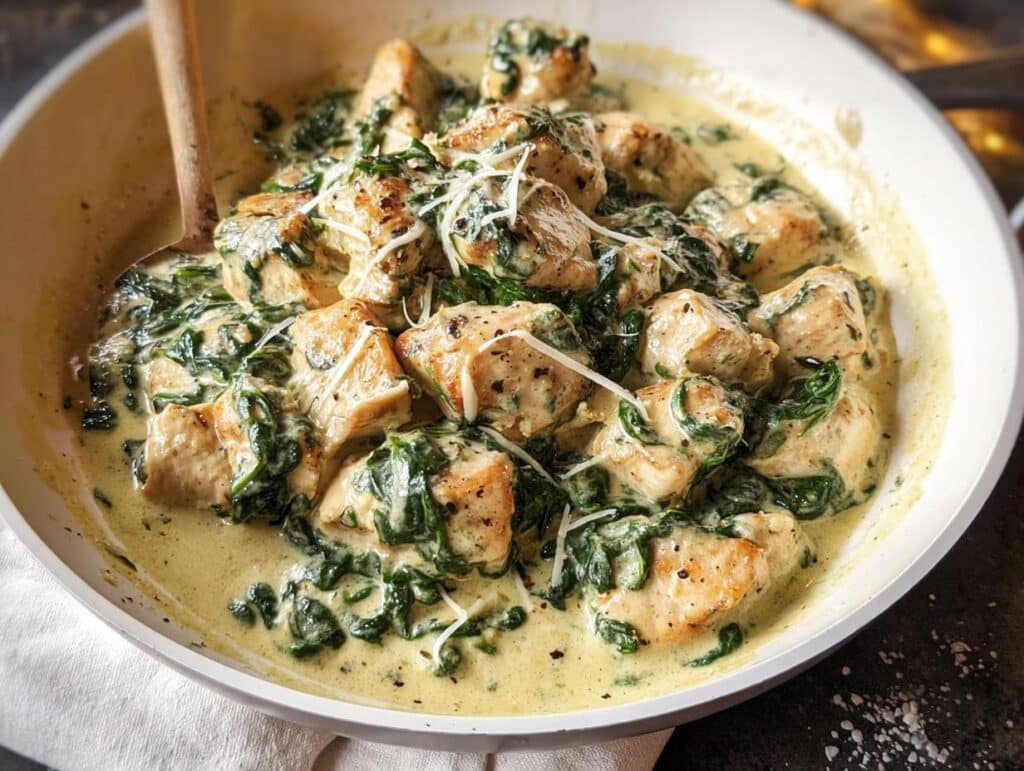 Close-up of pan-seared chicken pieces coated in a rich, creamy garlic sauce with wilted spinach and grated parmesan, featuring Creamy Garlic Chicken with Spinach and Parmesan.