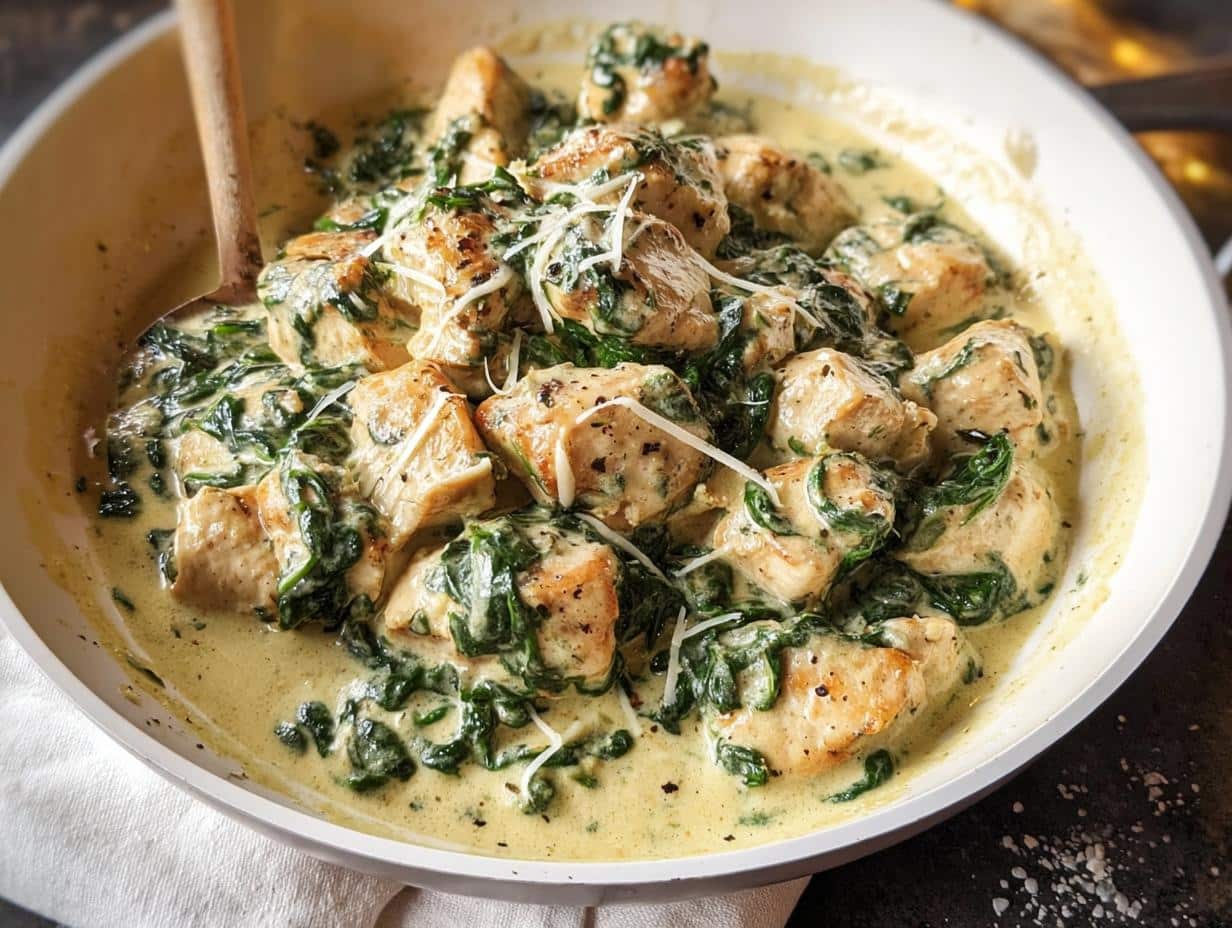 Close-up of pan-seared chicken pieces coated in a rich, creamy garlic sauce with wilted spinach and grated parmesan, featuring Creamy Garlic Chicken with Spinach and Parmesan.