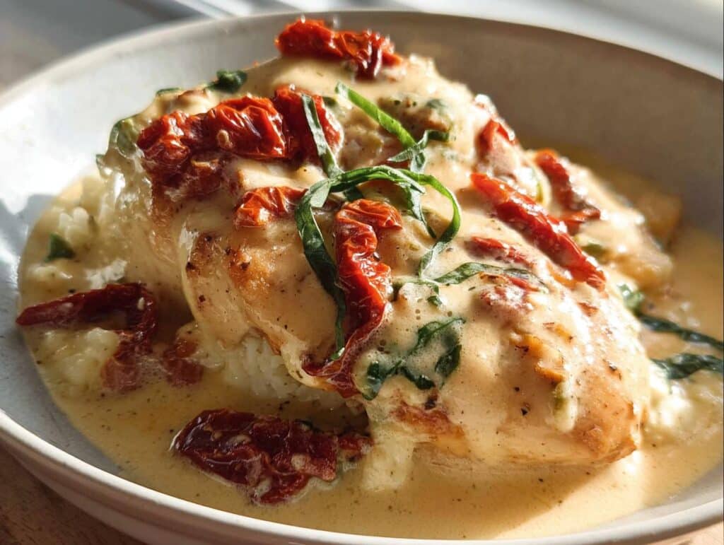 A close-up of Creamy Garlic Chicken with Sun-Dried Tomatoes served over rice and smothered in rich sauce.