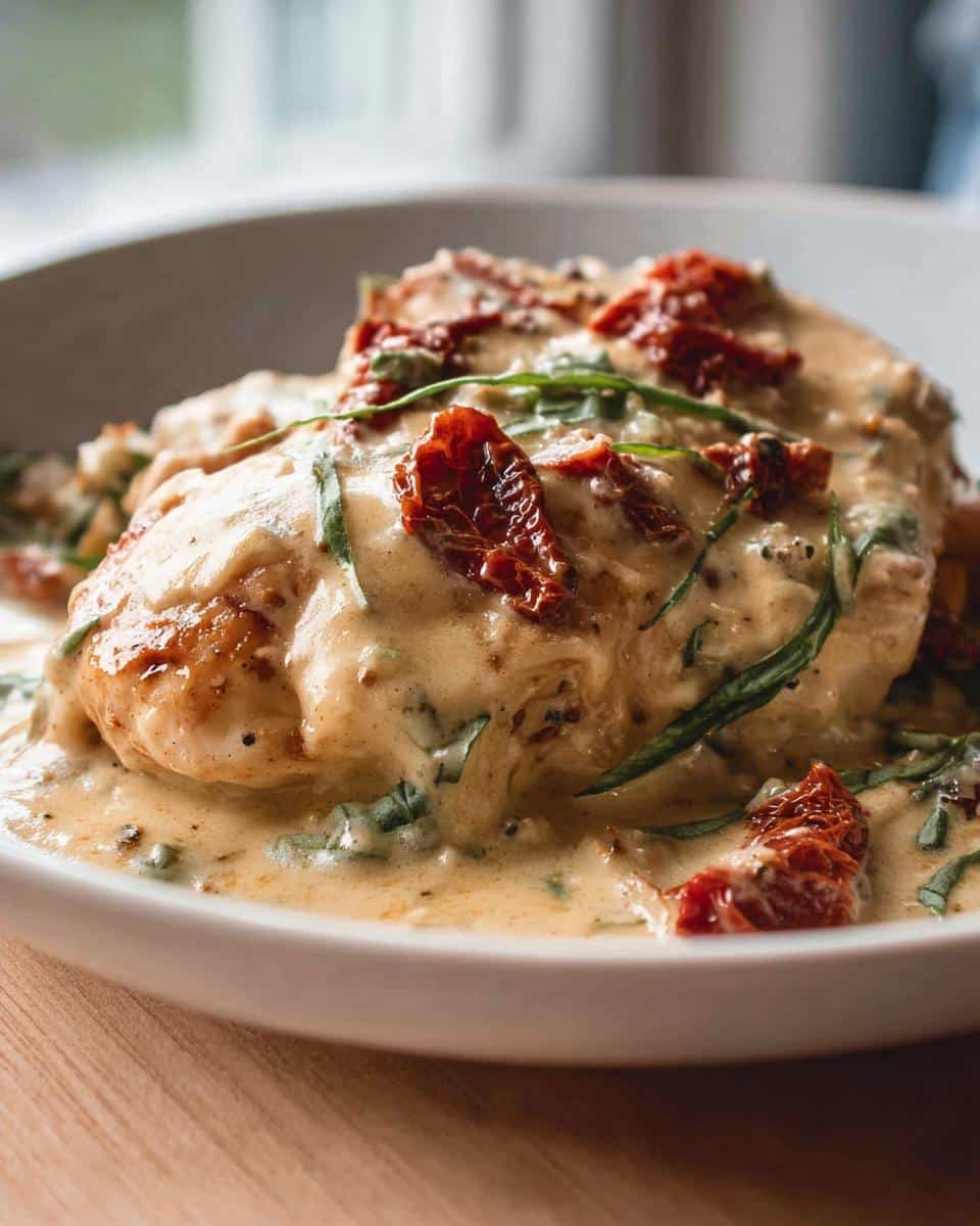 A close-up of seared chicken breast smothered in a rich, creamy garlic sauce topped with sun-dried tomatoes and fresh herbs.