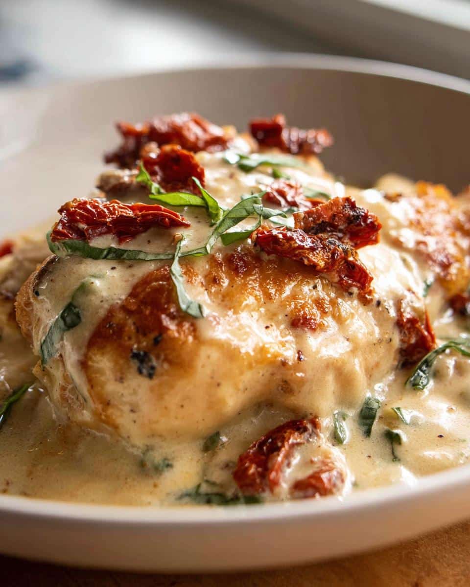 Close-up of seared chicken breast smothered in creamy garlic sauce, topped with sun-dried tomatoes and fresh basil.