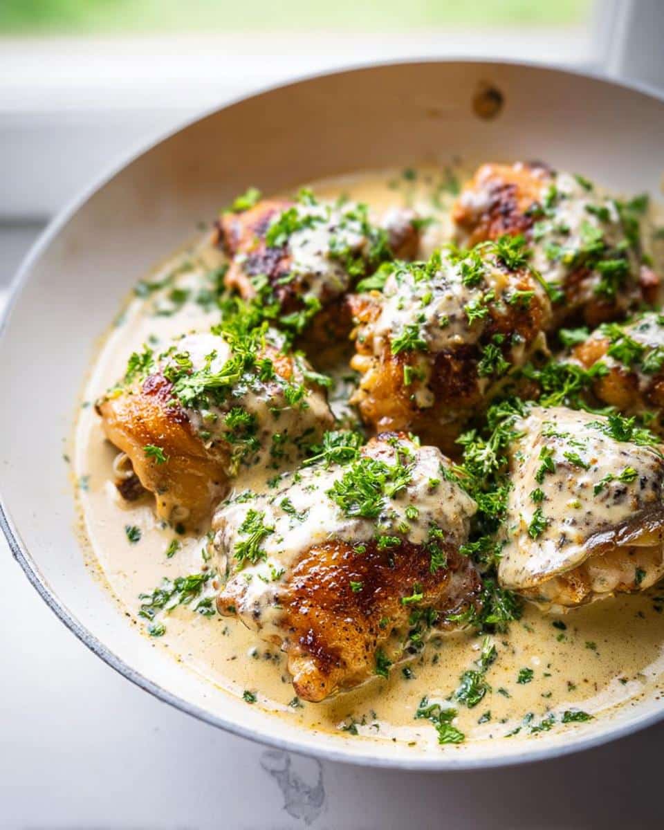 Several browned chicken thighs swimming in a rich, creamy garlic sauce, topped with fresh parsley.