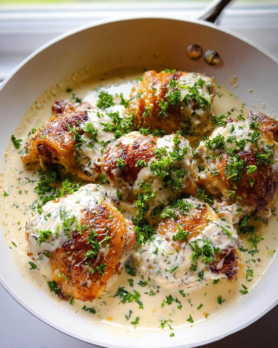 Five crispy chicken thighs swimming in a rich, creamy garlic sauce, topped with fresh parsley.