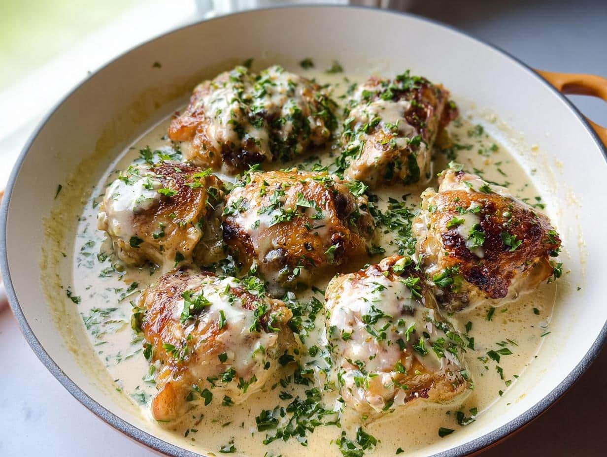 Six golden-brown Creamy Garlic Chicken Thighs simmering in a rich white garlic cream sauce and topped with fresh parsley.