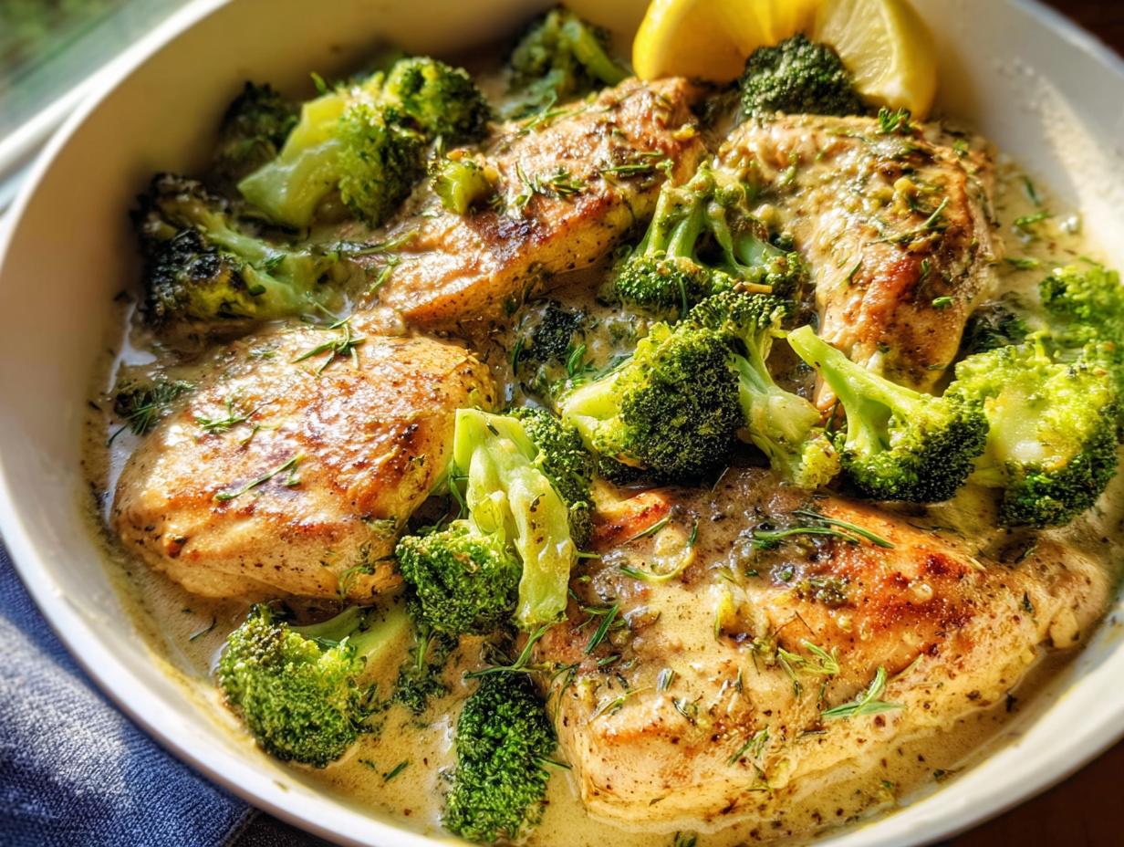 Seared chicken breasts smothered in a creamy garlic sauce with bright green broccoli florets.