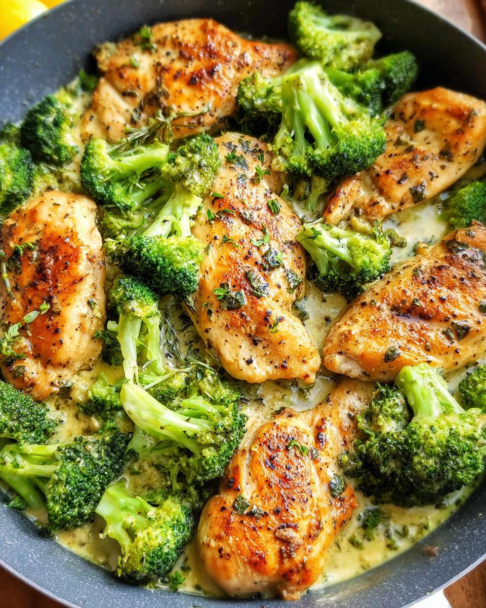 Close-up of seared chicken breasts and bright green broccoli florets simmering in a rich, creamy garlic sauce.