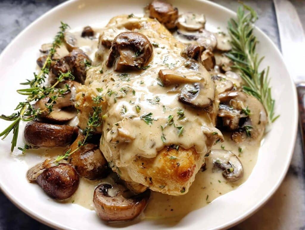 A perfectly cooked chicken breast smothered in a rich, creamy garlic sauce with sautéed mushrooms and fresh herbs.