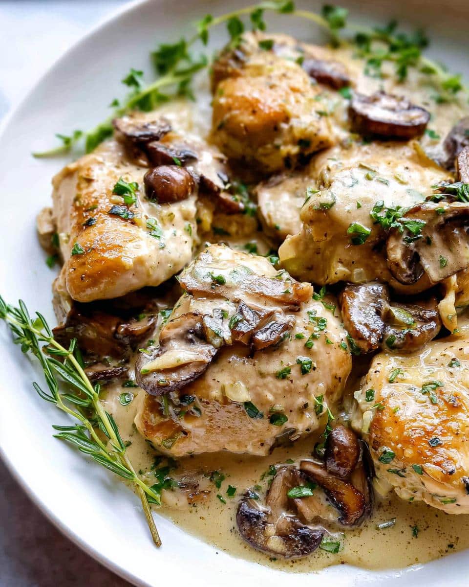 Close-up of seared chicken pieces smothered in a rich, creamy garlic sauce with sliced mushrooms, garnished with fresh herbs.