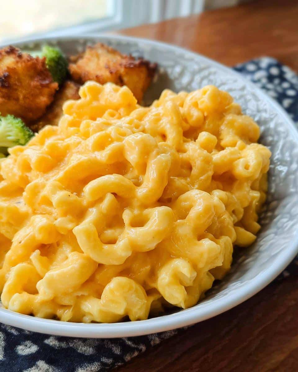 Close-up of creamy, cheesy Gluten-Free Mac and Cheese served in a light blue bowl with sides.