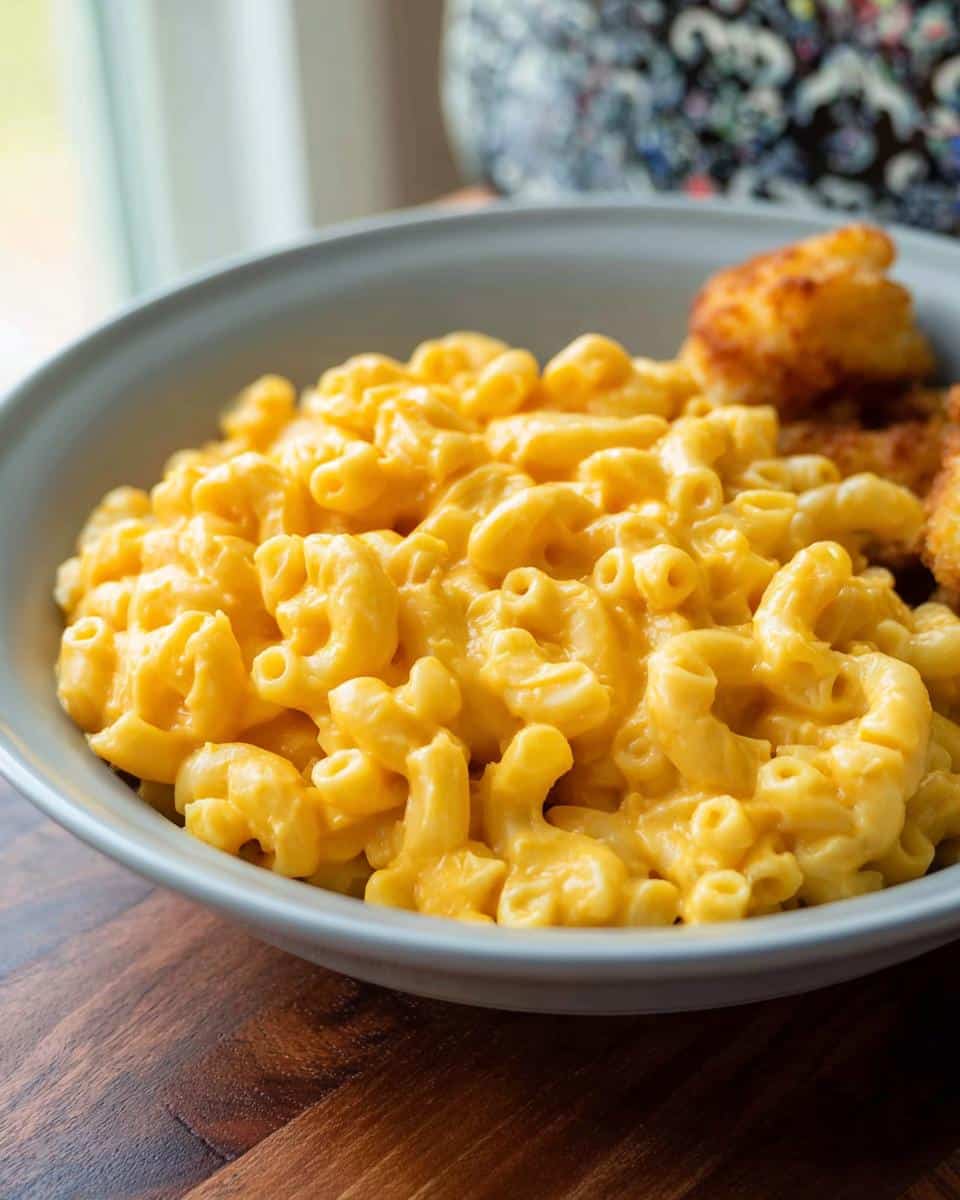 Close-up of a bowl filled with creamy, bright orange Gluten-Free Mac and Cheese, served with a side of fried nuggets.