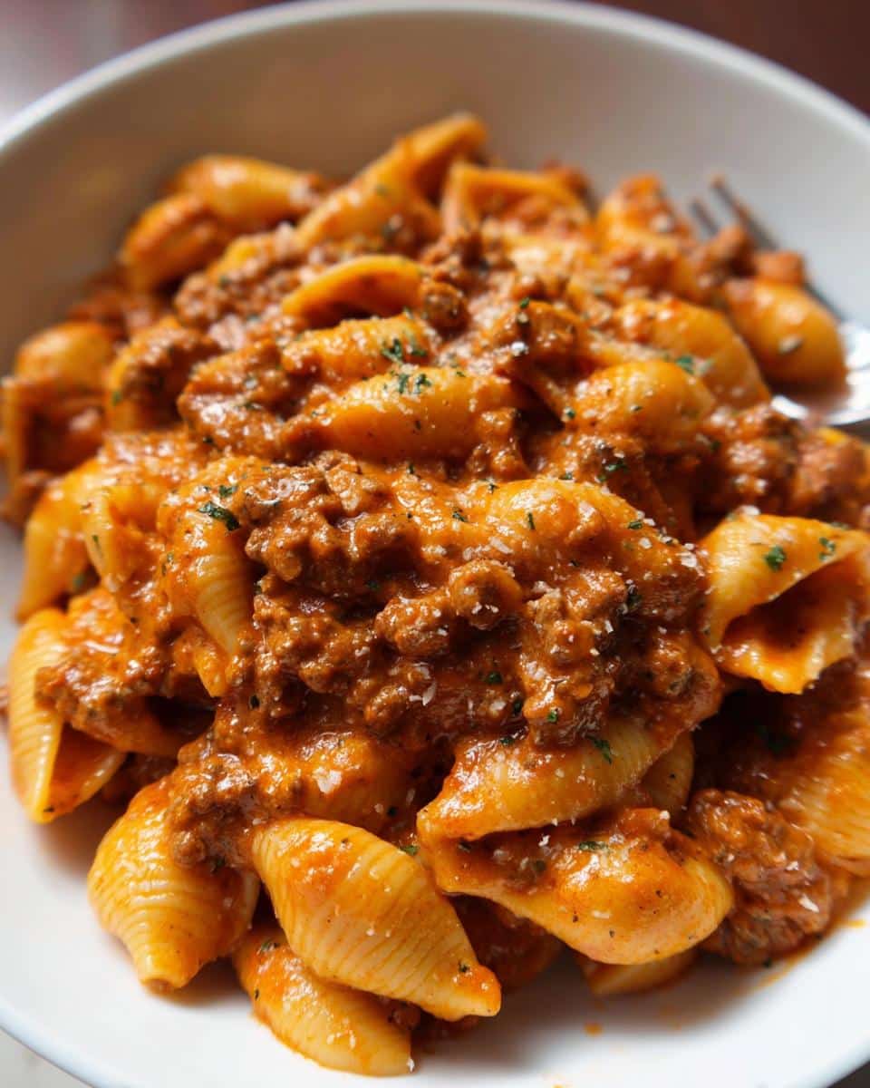 Close-up of a bowl filled with Creamy One-Pan Beef Pasta featuring shell pasta coated in a rich, meaty tomato cream sauce.