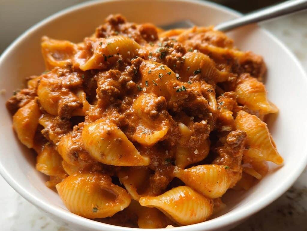 Close-up of shell pasta coated in a rich, creamy tomato sauce with ground beef, representing the Creamy One-Pan Beef Pasta.