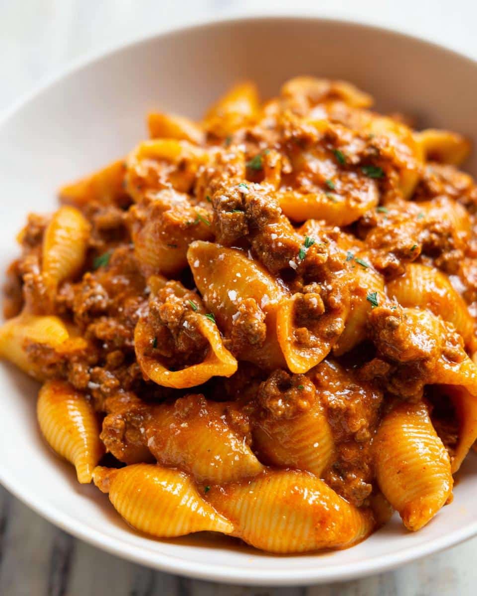 A close-up shot of shell pasta coated in a rich, creamy tomato sauce with ground beef, representing the Creamy One-Pan Beef Pasta.