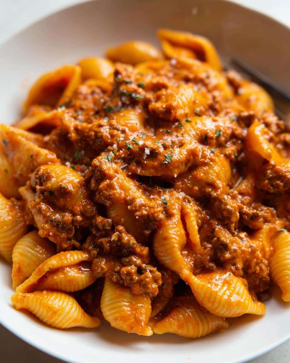 Close-up of shell pasta generously coated in a rich, creamy one-pan beef pasta sauce, garnished with herbs.
