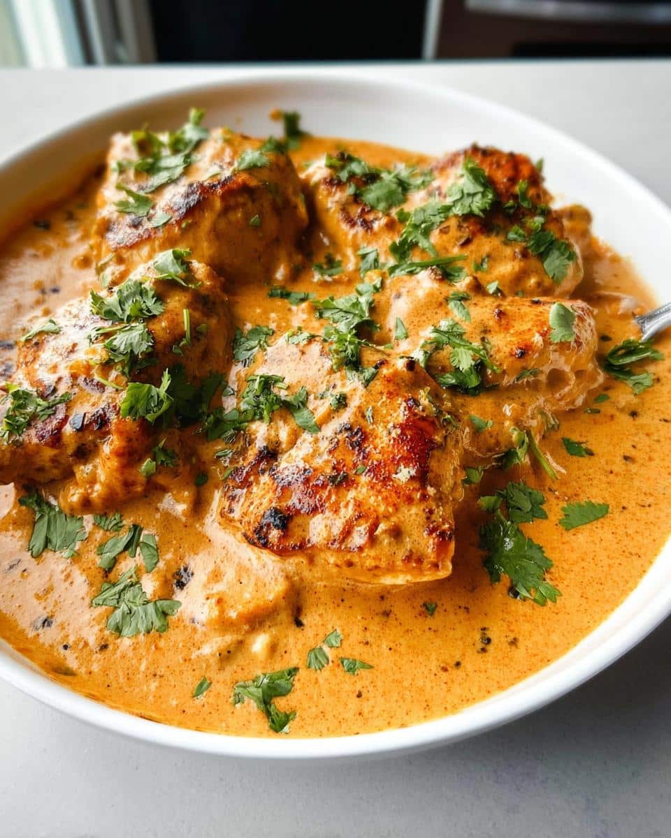 Close-up of seared chicken pieces submerged in a rich, orange-hued sauce, garnished with fresh cilantro, ready to serve as Creamy Southwest Chicken.