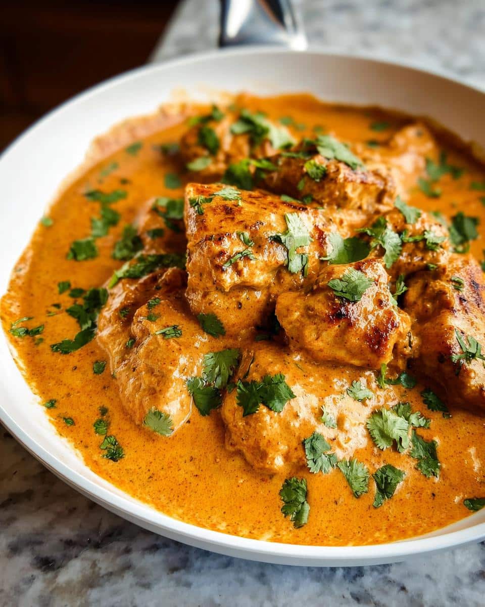 Close-up of chunks of seared chicken coated in a thick, orange, creamy Southwest Chicken sauce, garnished with fresh cilantro.