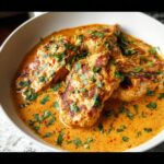 Close-up of seared chicken breasts smothered in a rich, orange-hued Creamy Southwest Chicken sauce and garnished with cilantro.