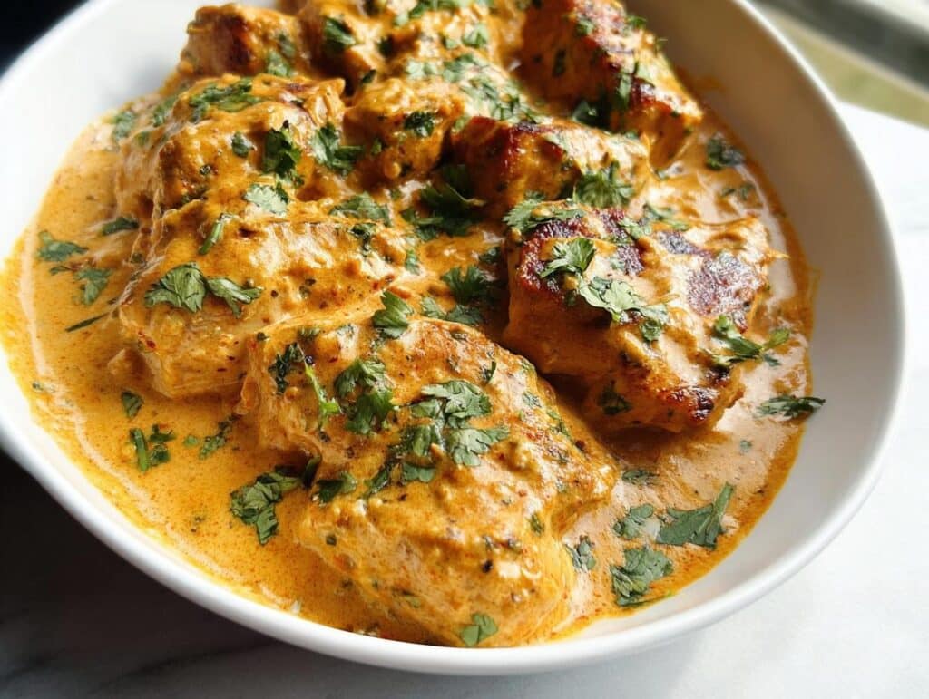 Close-up of pieces of seared chicken coated in a thick, orange, creamy Southwest chicken sauce and garnished with fresh cilantro.