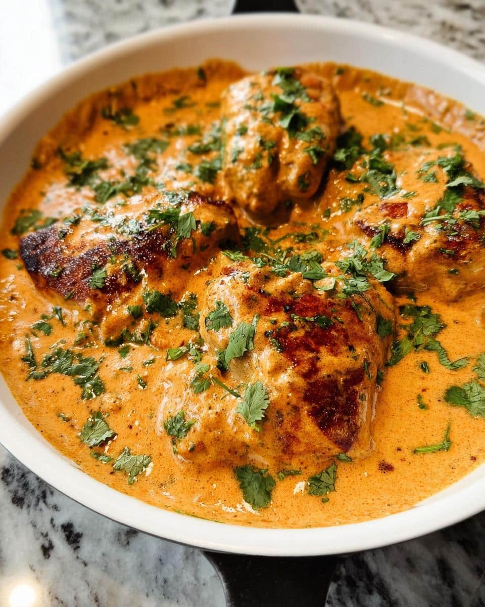 Close-up of seared chicken pieces submerged in a rich, orange-hued sauce, garnished with fresh cilantro, representing Creamy Southwest Chicken.