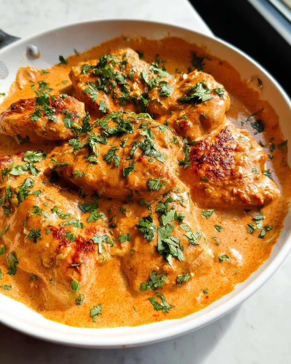 Close-up of seared chicken pieces smothered in a rich, orange-hued Creamy Southwest Chicken sauce and topped with fresh cilantro.