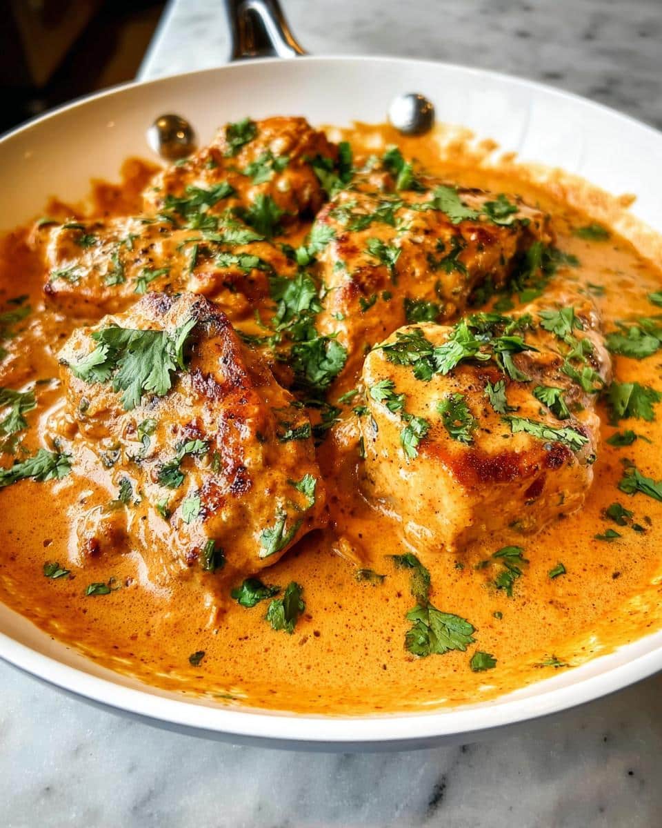 Four pieces of seared chicken breast smothered in a rich, orange-hued Creamy Southwest Chicken sauce and topped with fresh cilantro.