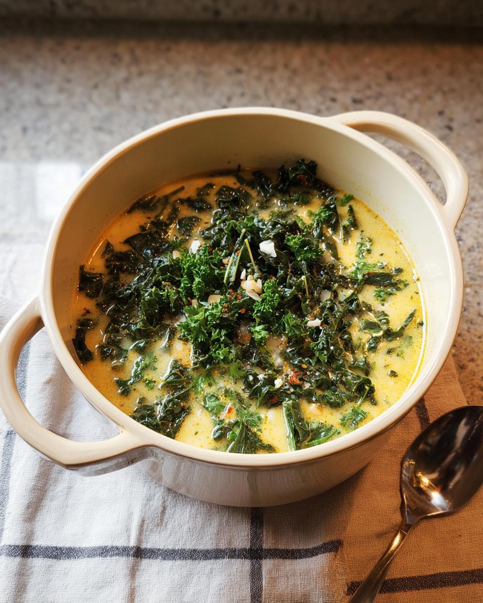 A cozy bowl of creamy White Bean Kale Soup topped with fresh chopped kale and garlic.