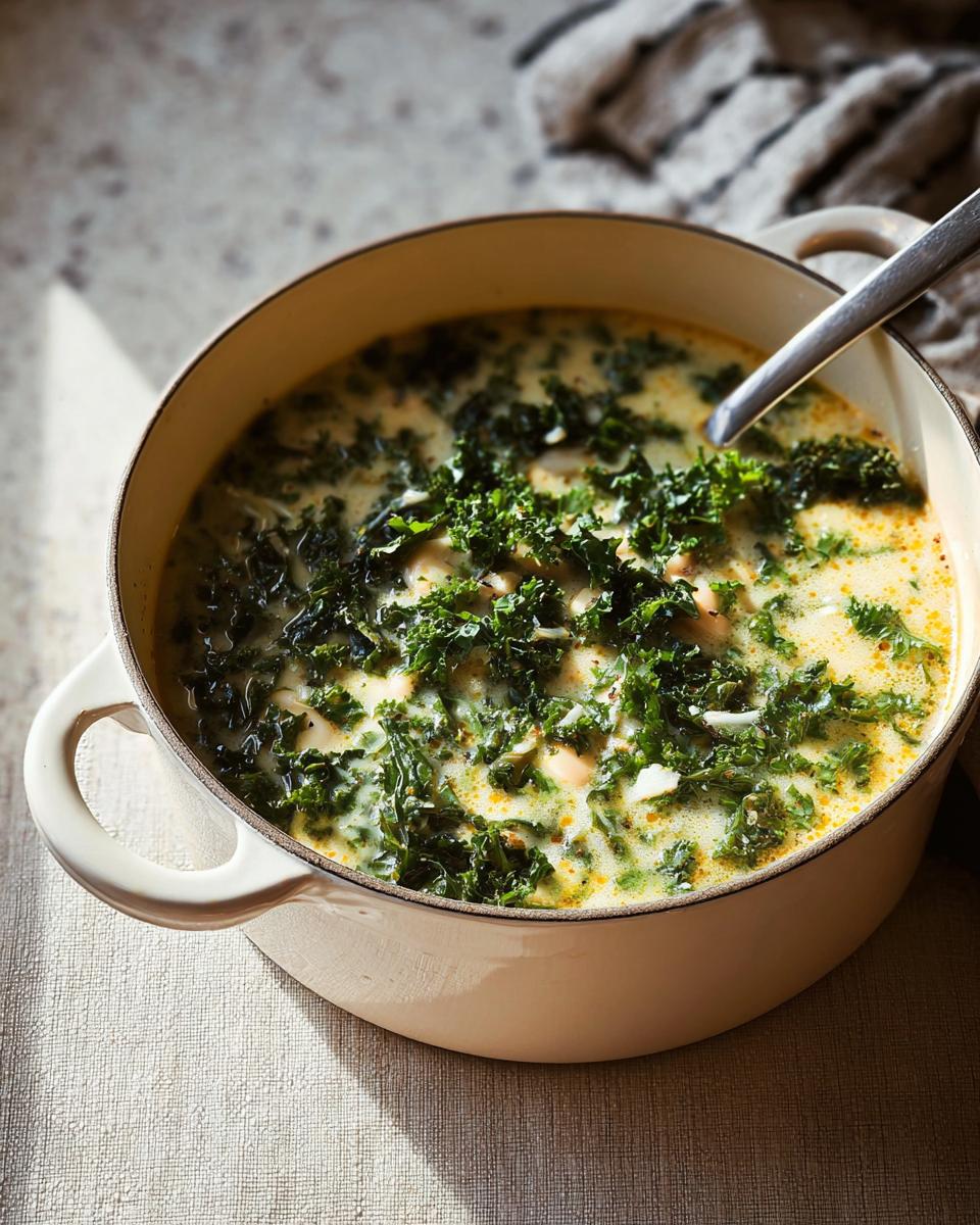 A creamy White Bean Kale Soup topped generously with fresh, dark green kale in an off-white Dutch oven.