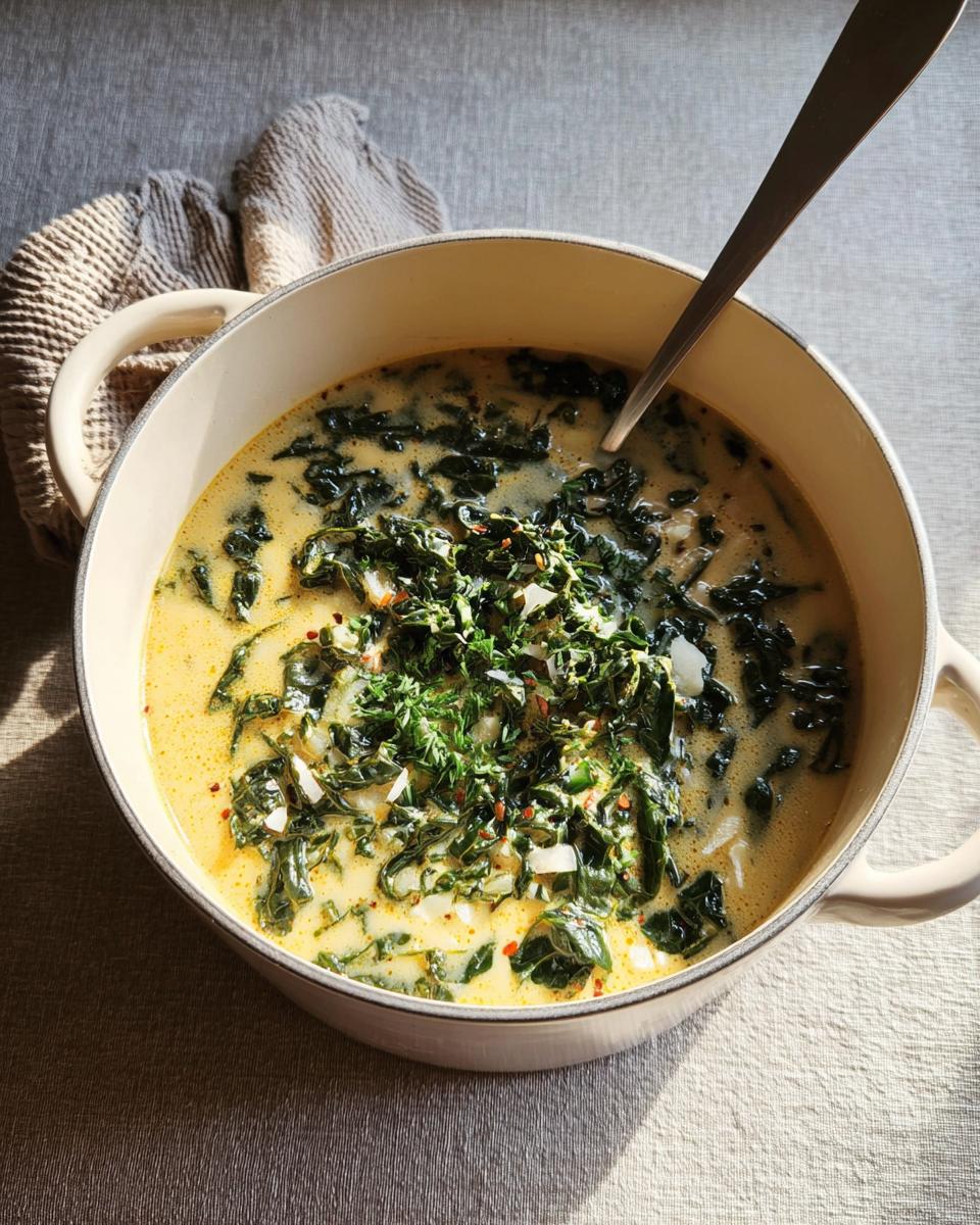 A creamy, yellow-hued White Bean Kale Soup filled with dark green kale leaves, served in a light-colored pot.