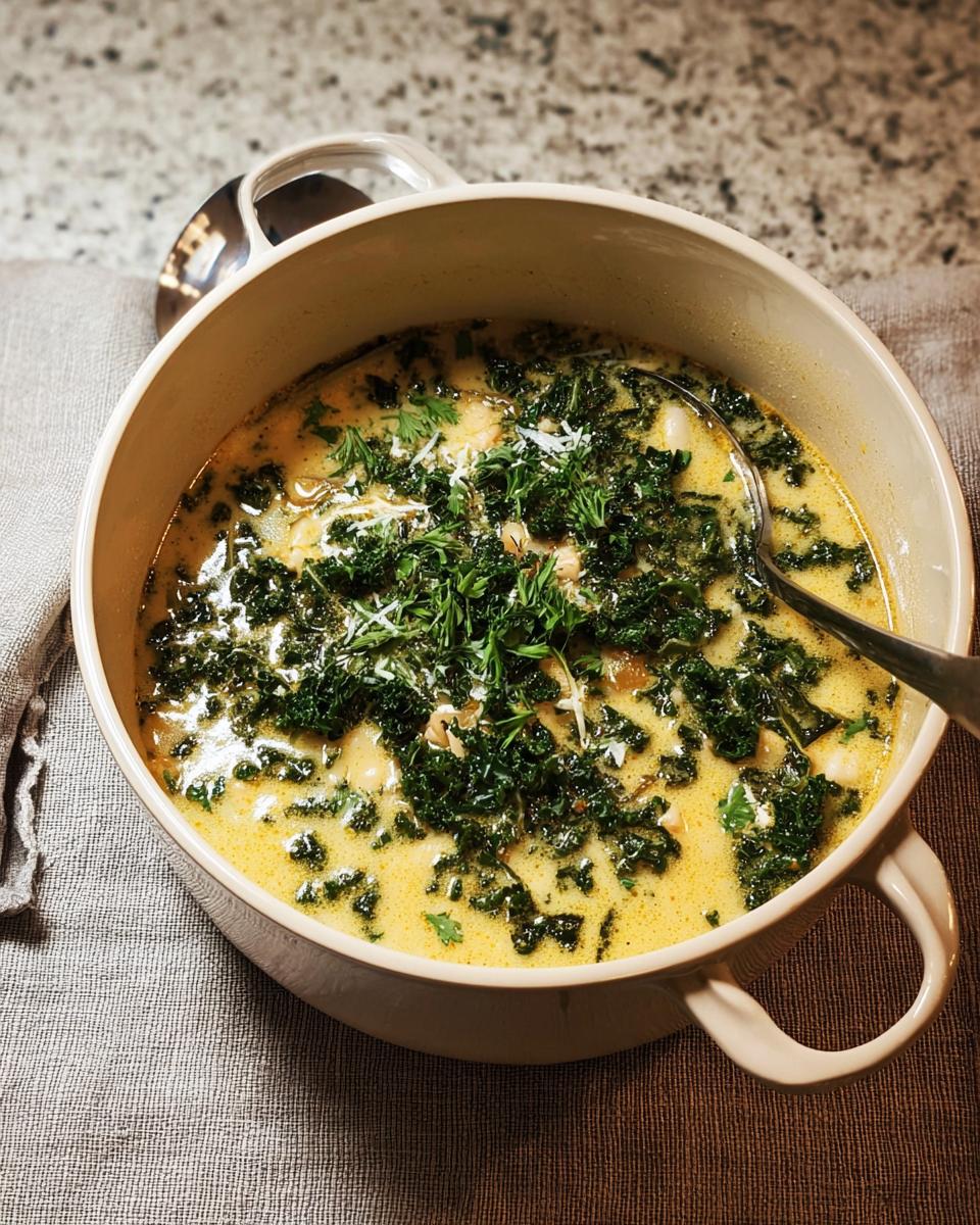 A creamy, yellow-broth White Bean Kale Soup topped generously with chopped kale and fresh herbs in a beige pot.