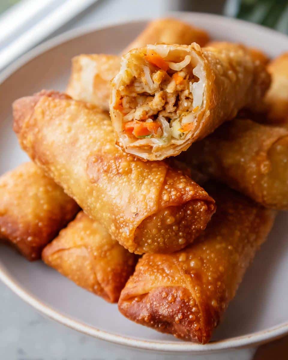 Close-up of crispy, golden Creole Chicken Egg Rolls, one cut open showing the savory filling.