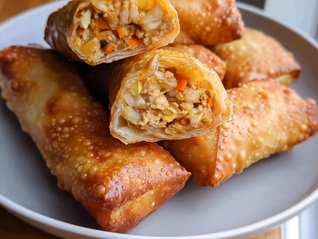 Close-up of crispy, golden-brown Creole Chicken Egg Rolls, one cut open revealing chicken and vegetable filling.