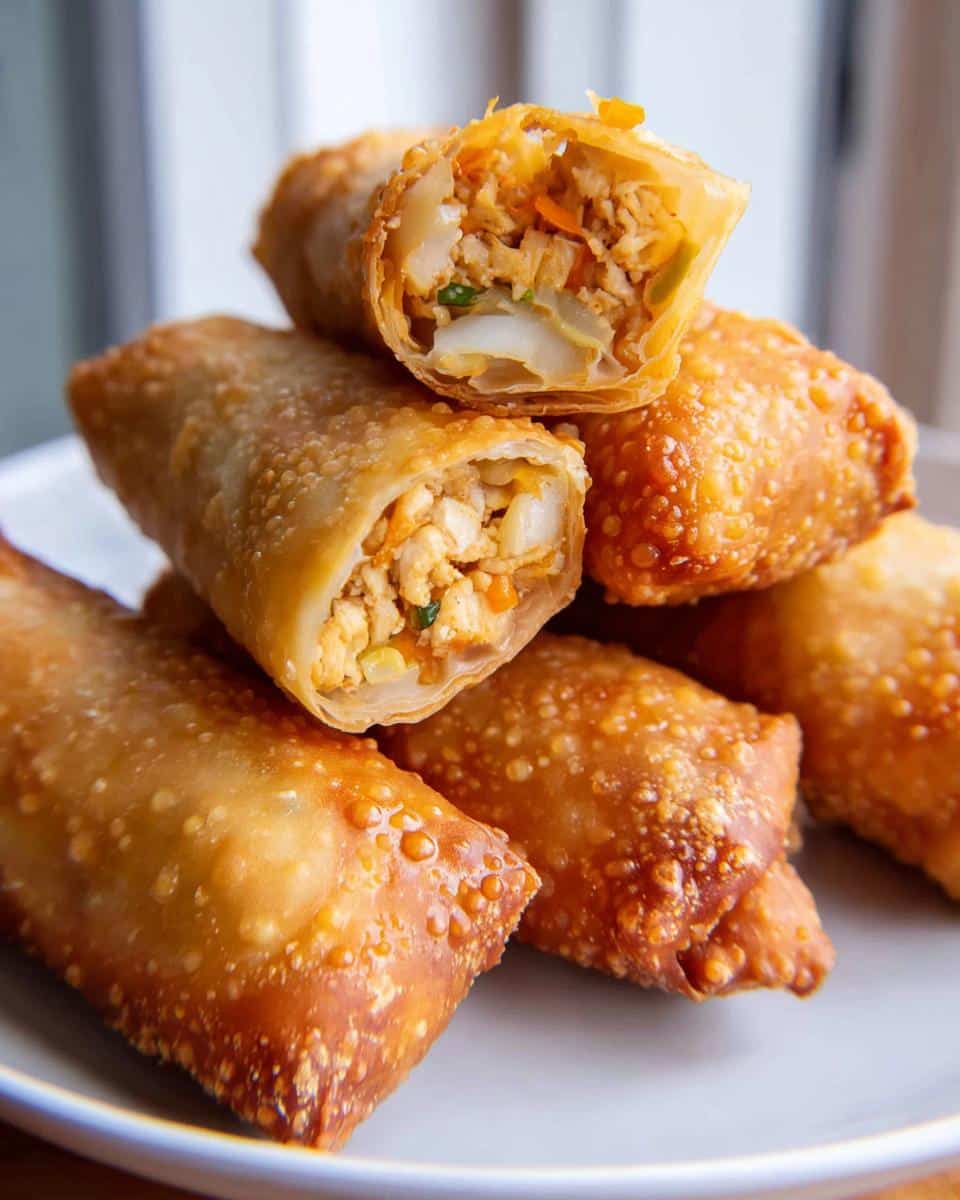 A stack of crispy, golden-brown Creole Chicken Egg Rolls, with one cut open showing the savory filling.