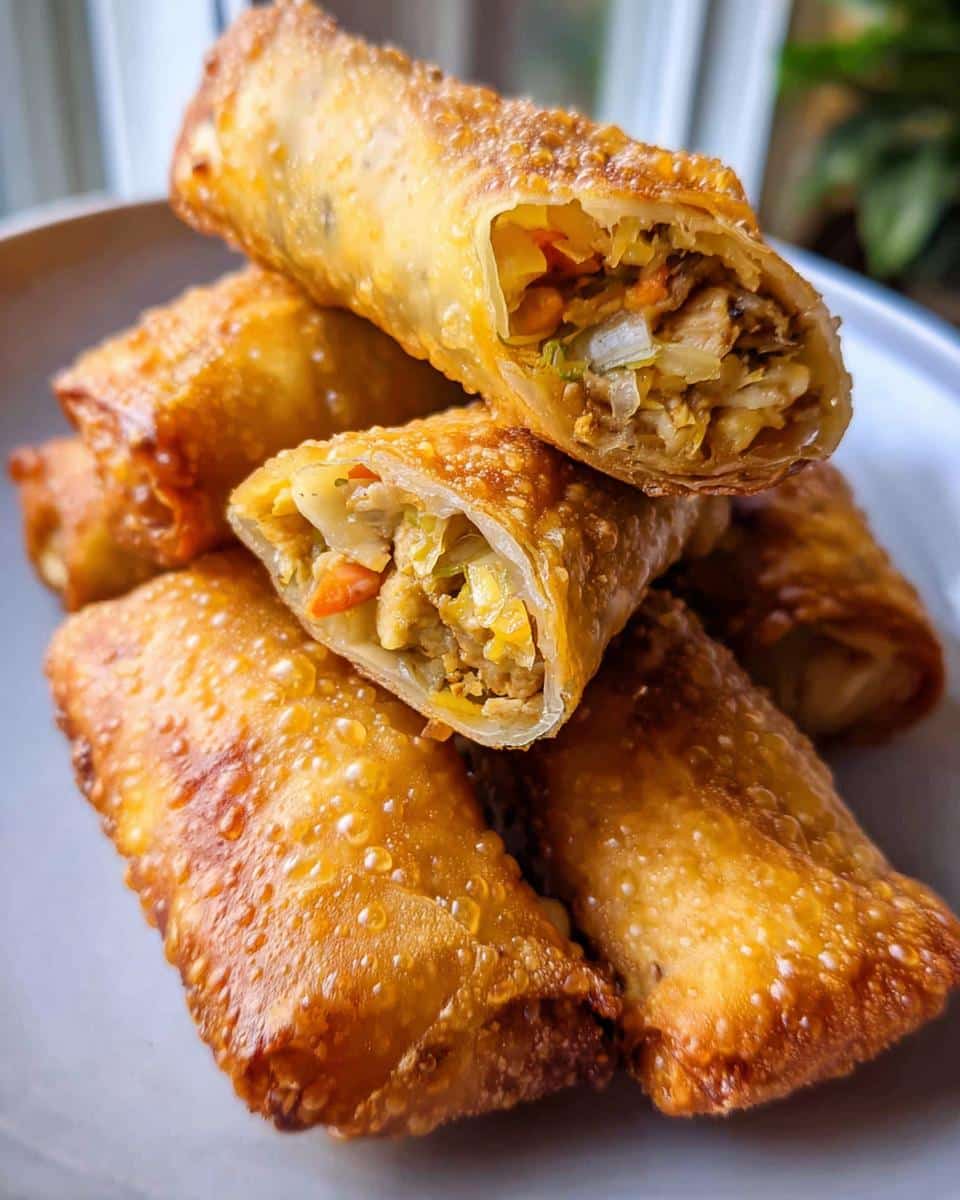 A stack of crispy, golden-brown Creole Chicken Egg Rolls, with one cut open showing the savory filling.